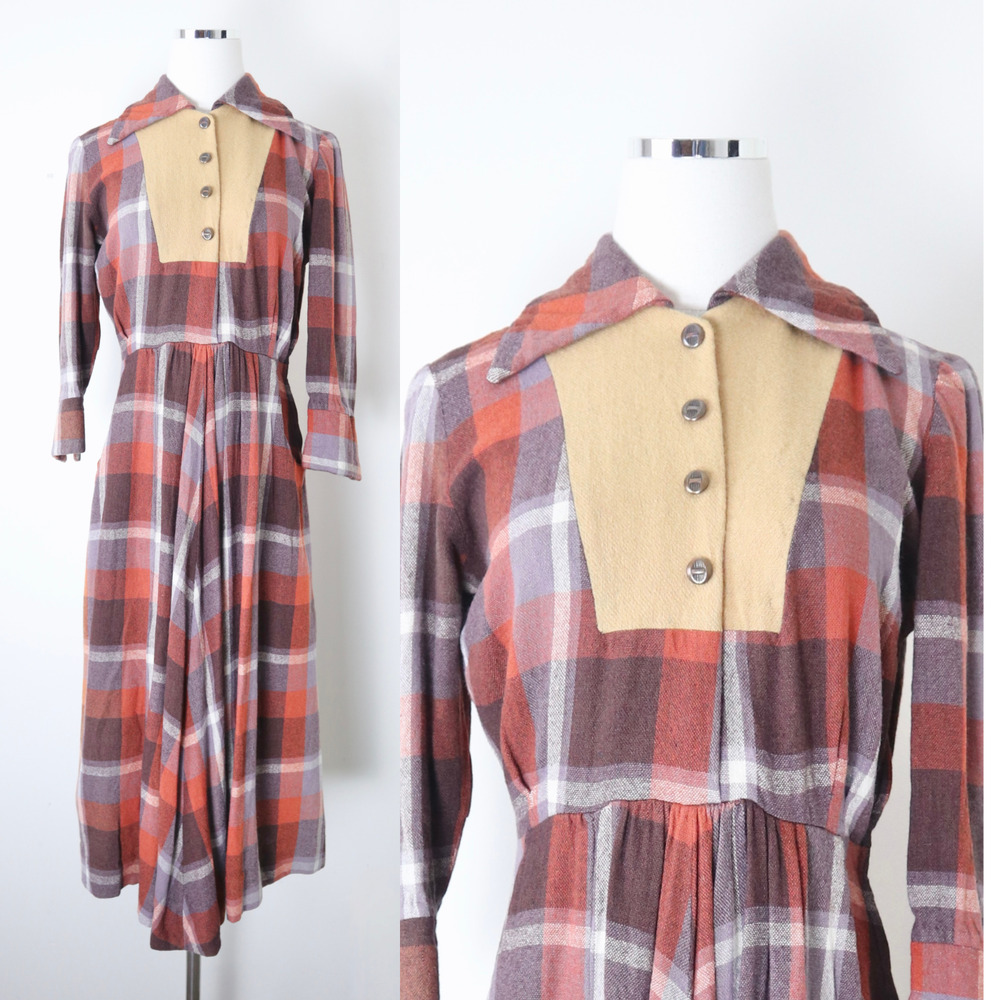 Vintage 1970s Wool Tartan Collared Dress Button Front Plaid Check Brown Orange